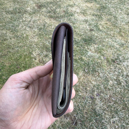 Hand holding a brown wallet open against a grassy background
