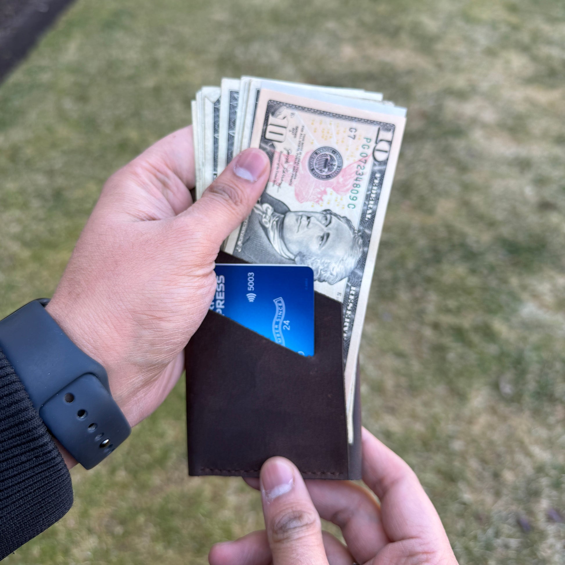 Person holding money and a wallet with a blurred background