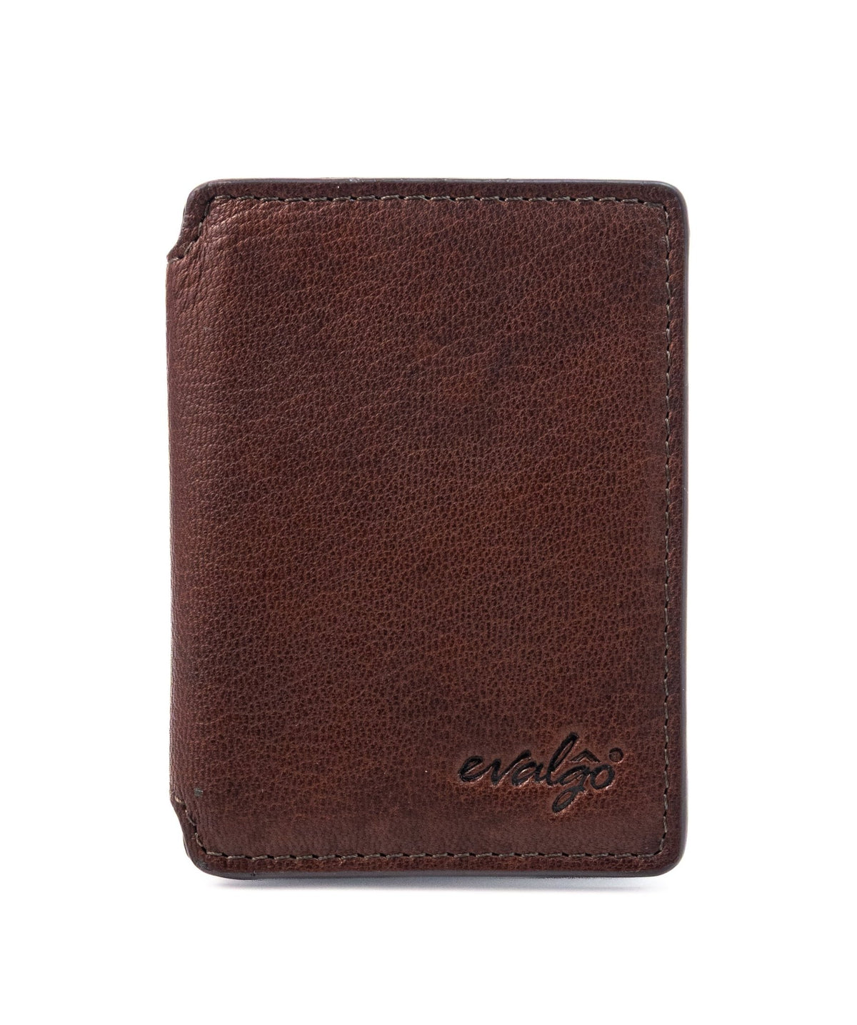 The Snap slim magnetic top-grain leather cardholder in brown, held in hand